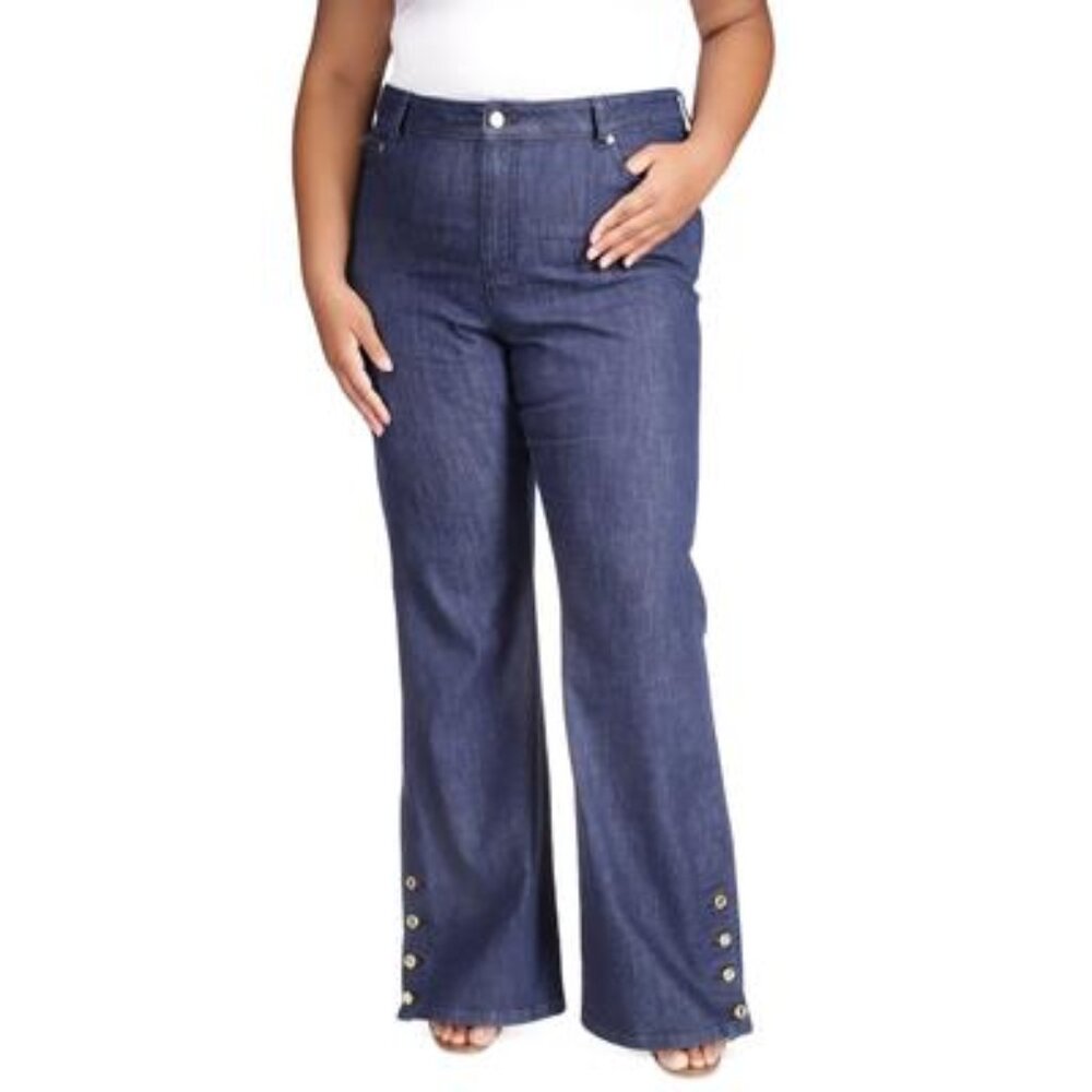 Michael Michael Kors Women's Plus Button-Hem Flare-Leg Jeans 22W, Dark Wash - Al